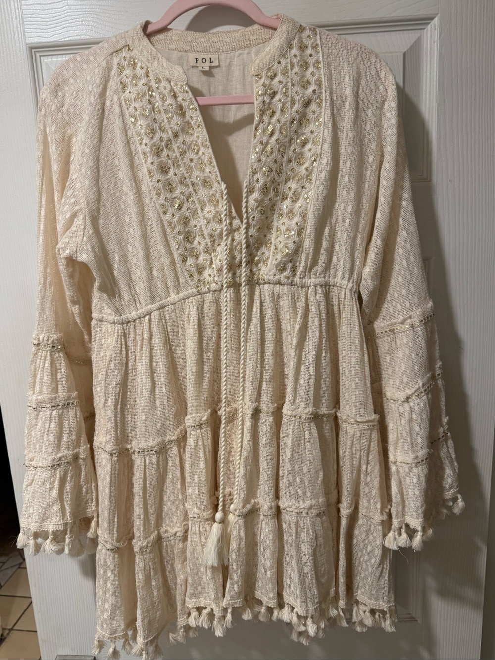 POL Cream Embroidered Boho Mini Dress